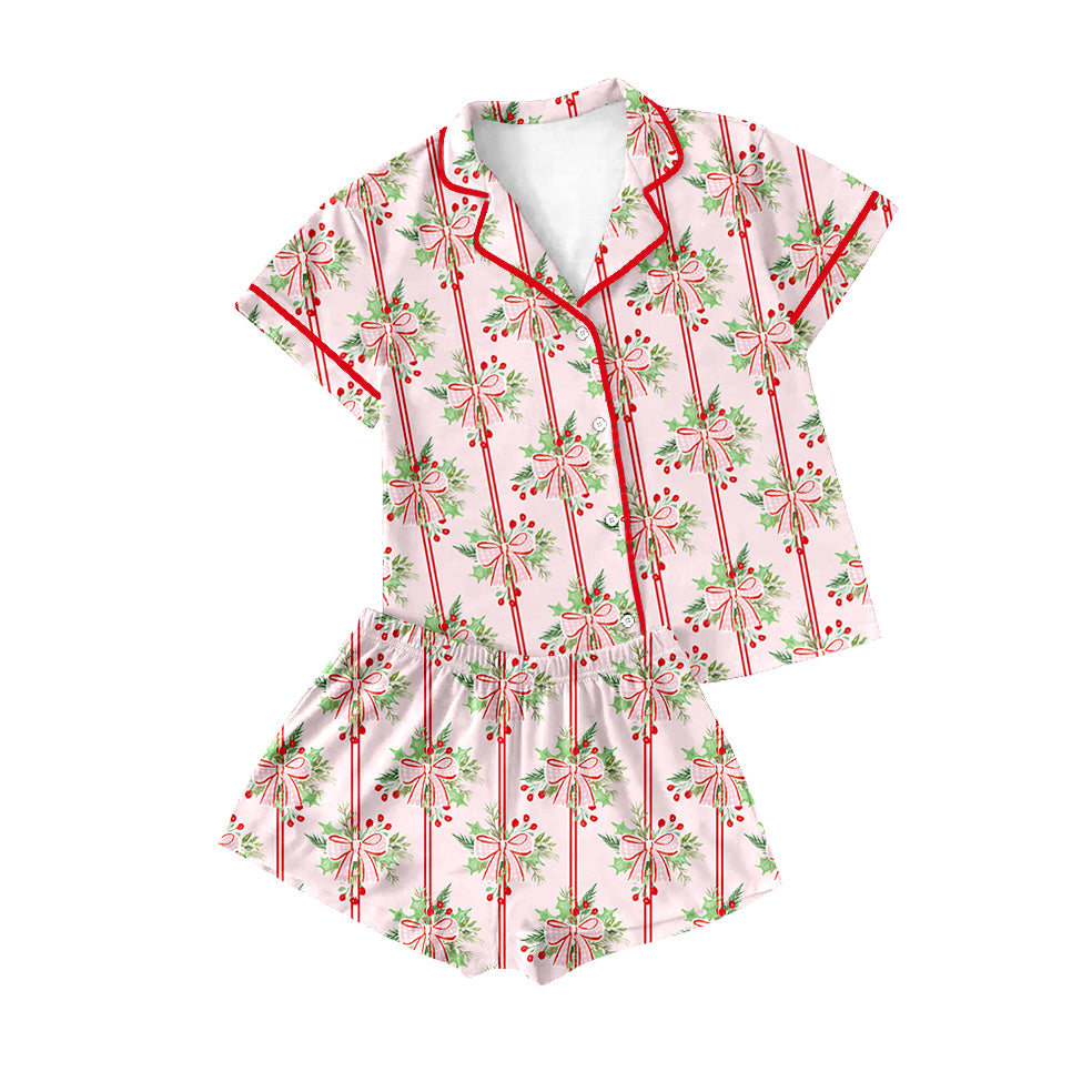 preorder GSSO2707 Christmas holly berry bows red striped short sleeve shorts girls pajamas