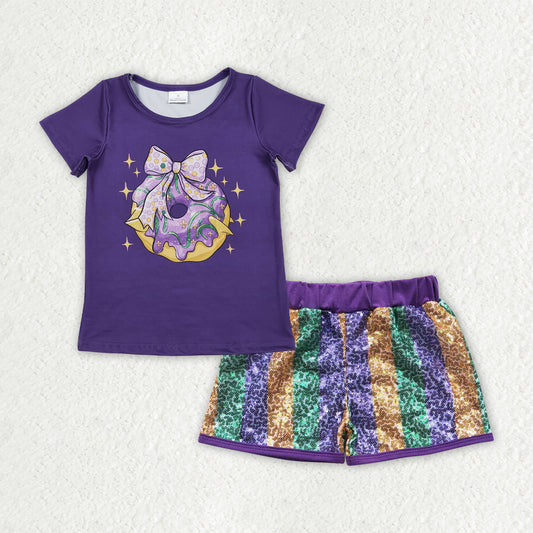 GSSO2712 Mardi Gras Purple Bow Dount Short Sleeve Sequin Shorts Girls Set