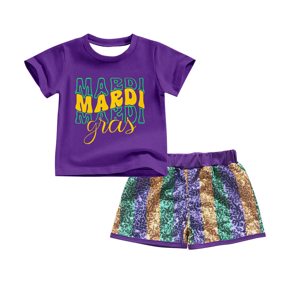 preorder GSSO2713 Mardi Gras purple short sleeve sequin shorts girls set