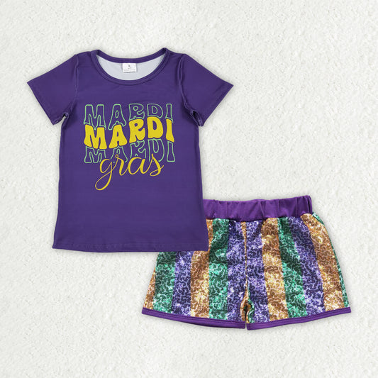 GSSO2713 Mardi Gras Purple Short Sleeve Sequin Shorts Girls Set