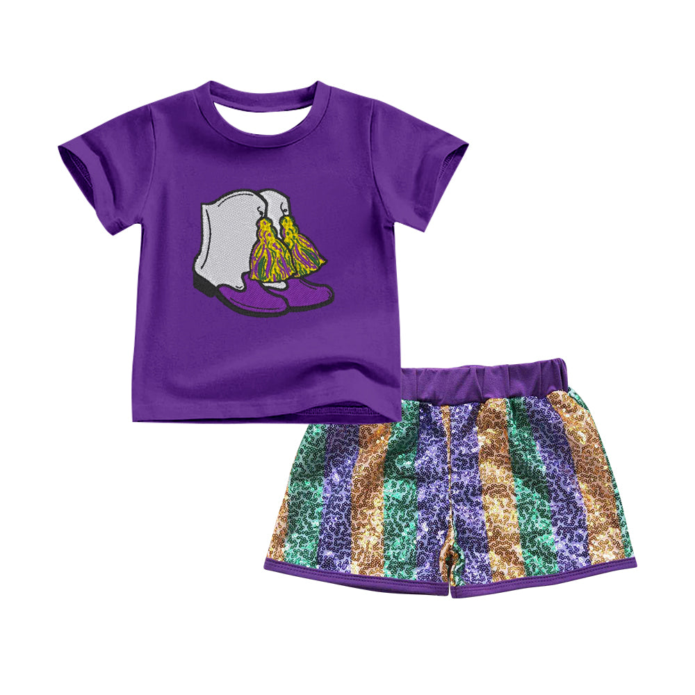 preorder GSSO2714 Mardi Gras purple boots short sleeve sequin shorts girls set