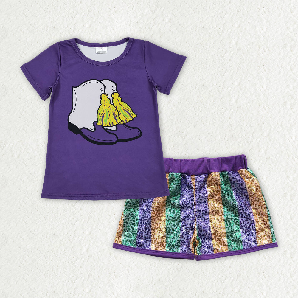 GSSO2714 Mardi Gras Boot Purple Short Sleeve Sequin Shorts Girls Set
