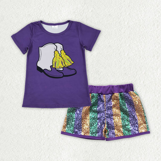 GSSO2714 Mardi Gras Boot Purple Short Sleeve Sequin Shorts Girls Set