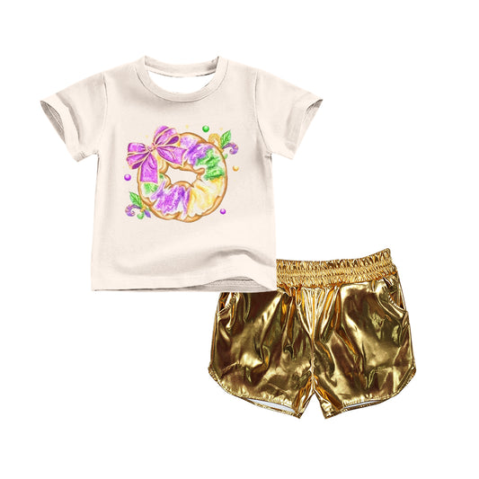 preorder GSSO2716 Mardi Gras purple bows white short sleeve golden leather shorts girls set