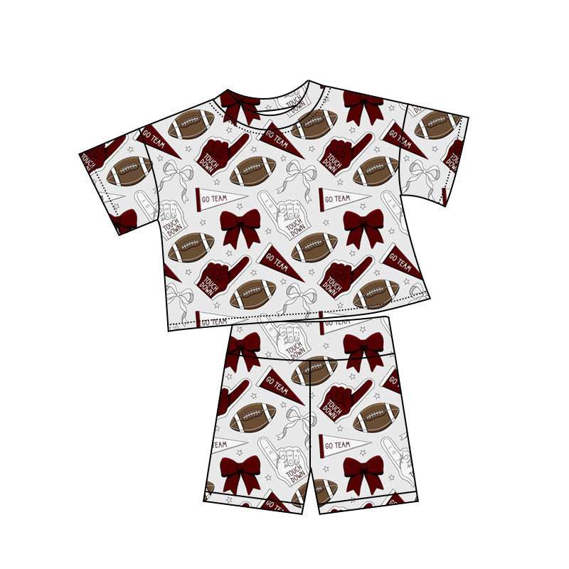 preorder GSSO2723 football team maroon bows short sleeve shorts girls set
