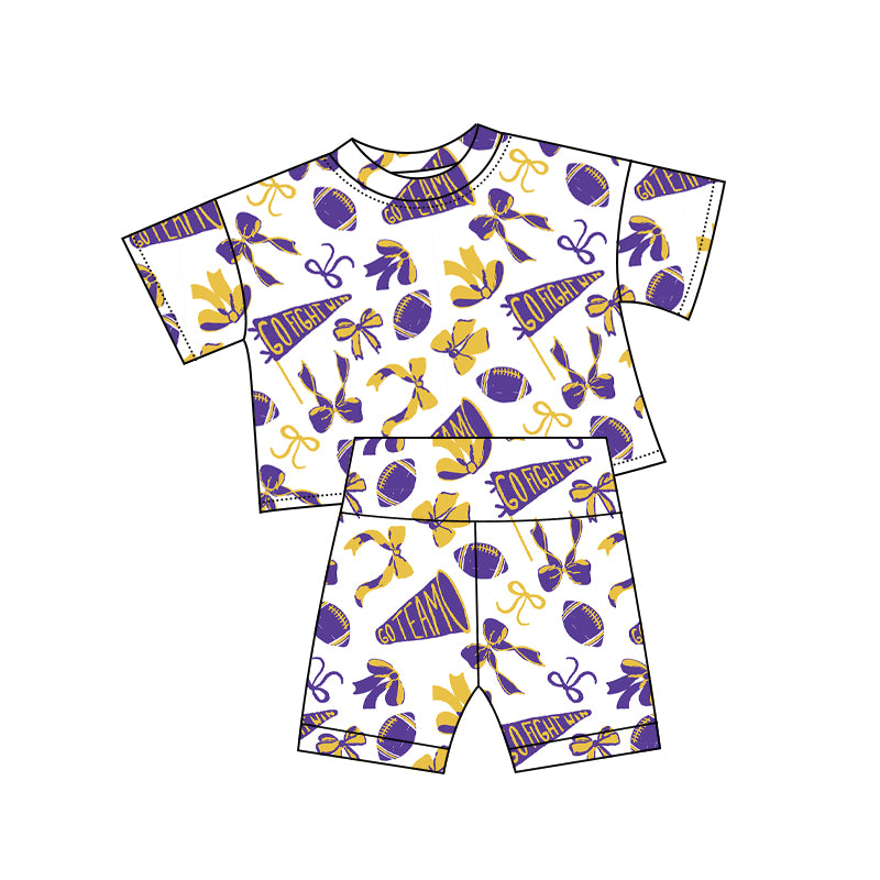 preorder GSSO2726 football team go fight purple yellow bows short sleeve shorts girls set