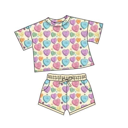 preorder GSSO2735 Valentine's Day colorful heart short sleeve shorts girls set
