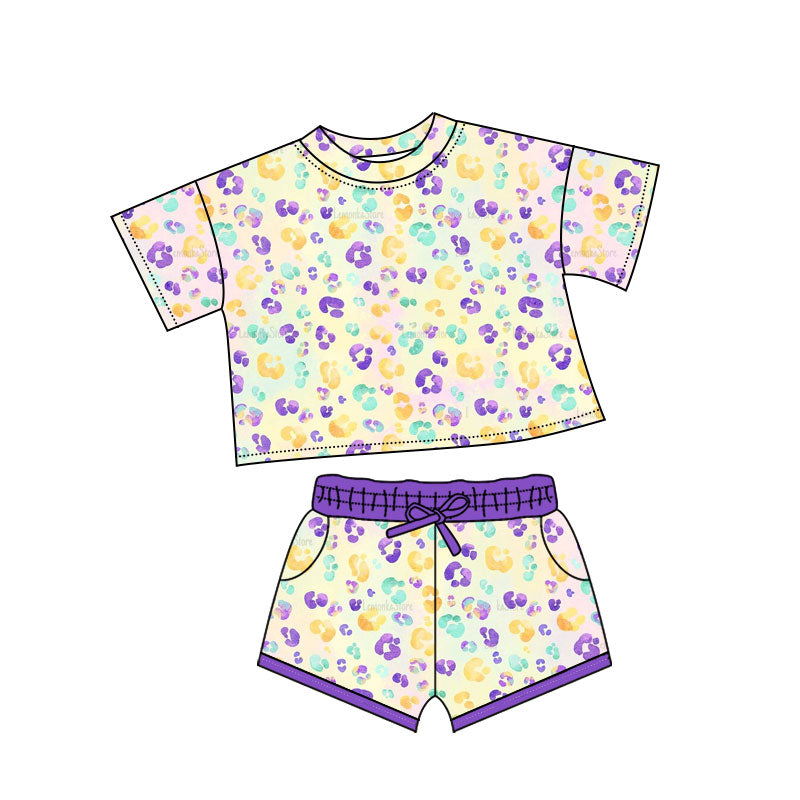 preorder GSSO2739 Mardi Gras yellow green purpel leopard short sleeve shorts girls set