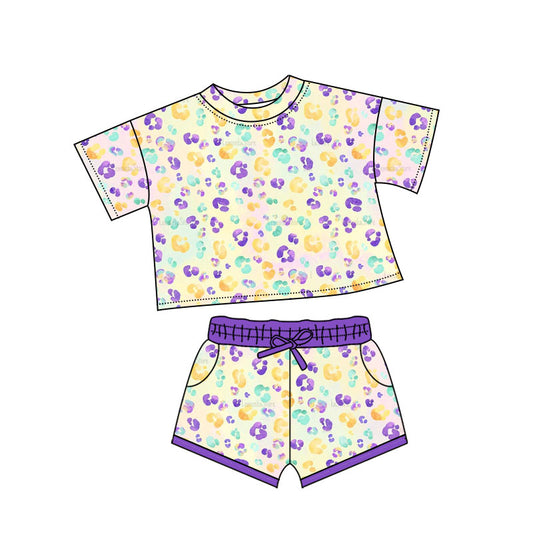 preorder GSSO2739 Mardi Gras yellow green purpel leopard short sleeve shorts girls set