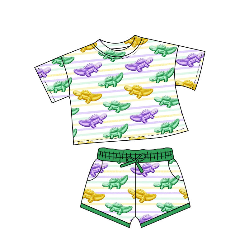 preorder GSSO2741 Mardi Gras yellow green purple crocodile short sleeve shorts girls set