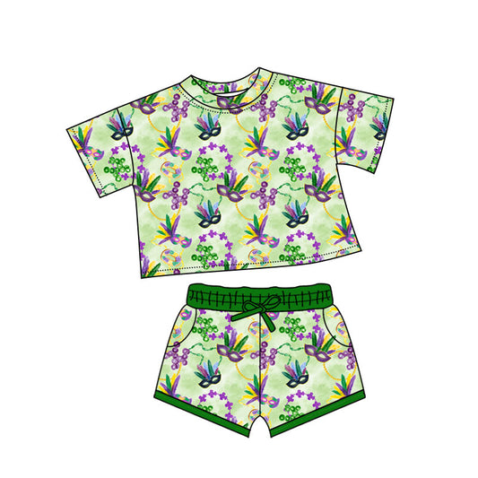 preorder GSSO2743 Mardi Gras mask clover green short sleeve shorts girls set