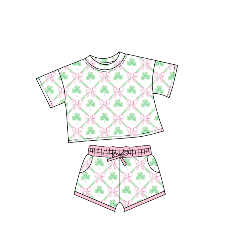 preorder GSSO2745 St Patrick green clover pink bows short sleeve shorts girls set