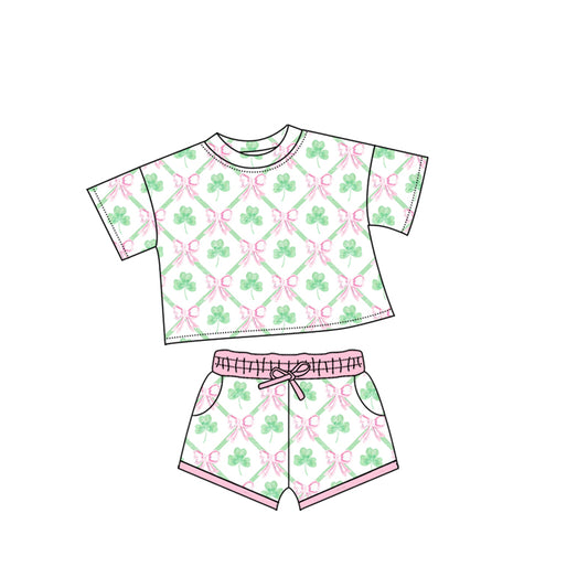 preorder GSSO2745 St Patrick green clover pink bows short sleeve shorts girls set