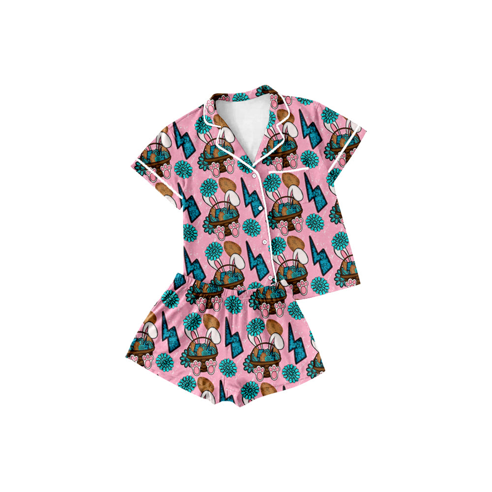 preorder GSSO2746 Western Easter rabbit turquoise pink short sleeve shorts girls pajamas