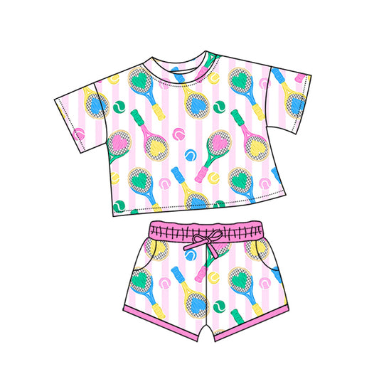 preorder GSSO2749 Valentine's Day heart baseball pink striped short sleeve shorts girls set