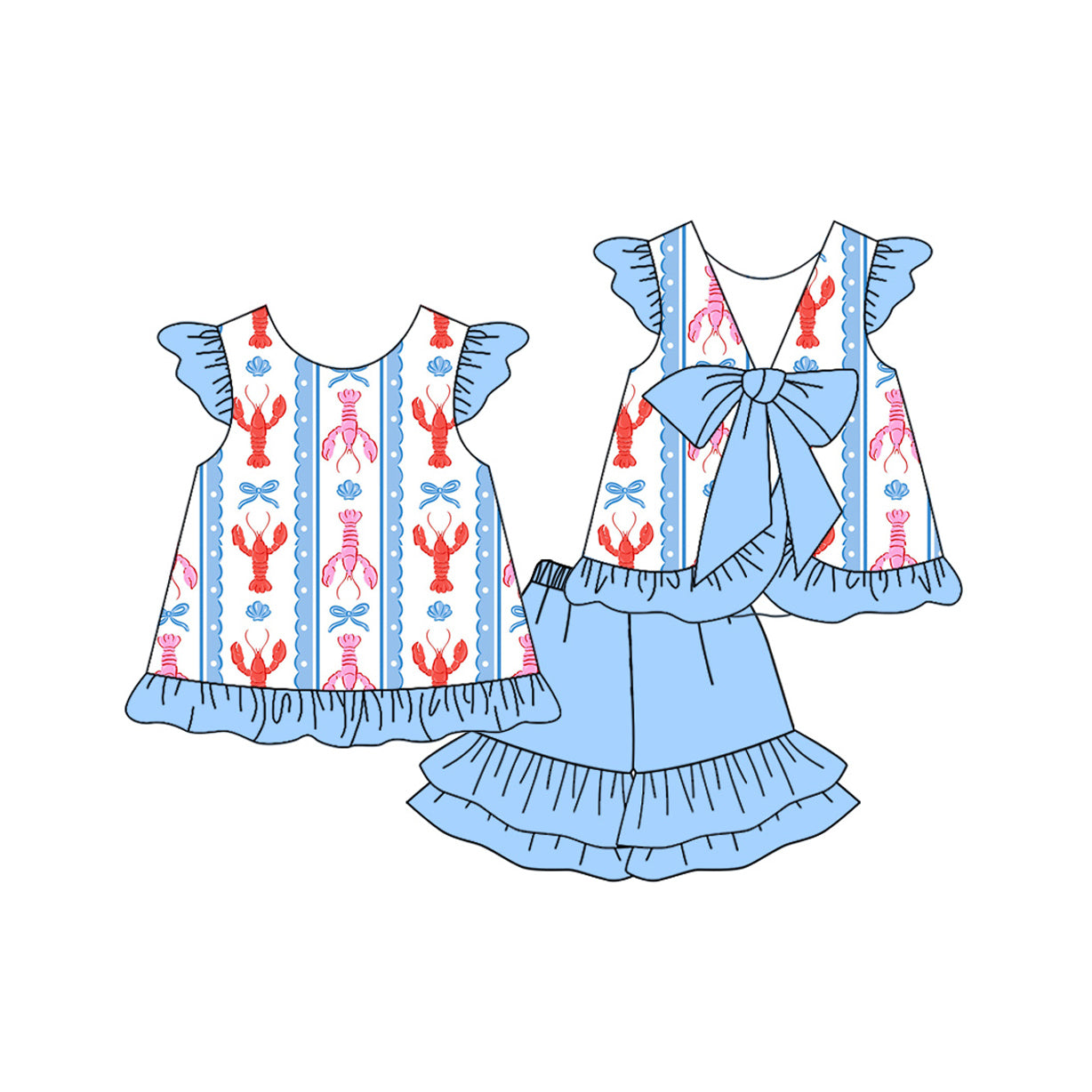 preorder GSSO2756 crayfish blue bows flutter sleeve blue shorts girls set