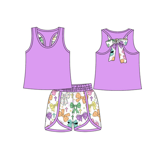 preorder GSSO2757 Easter purple sleeveless with bow colorful bwos cross shorts grils set