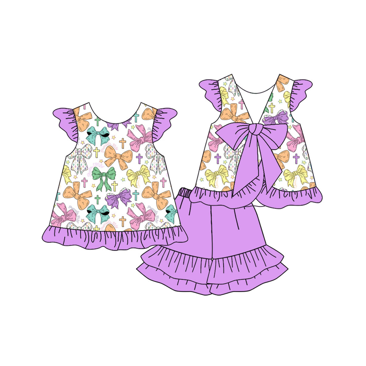 preorder GSSO2758 Easter cross colorful bows flutter sleeve purple shorts girls set