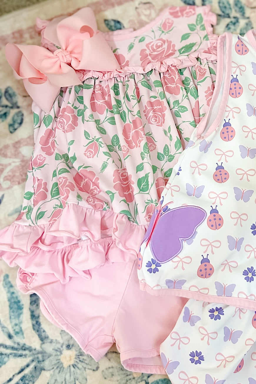 preorder GSSO2759 pink flowers rose sleeveless shorts girls set