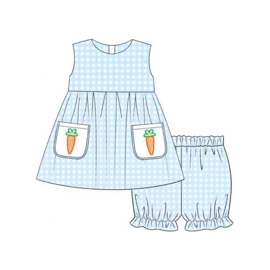 preorder GSSO2773 Easter carrot pockets blue checkered sleeveless shorts girls set