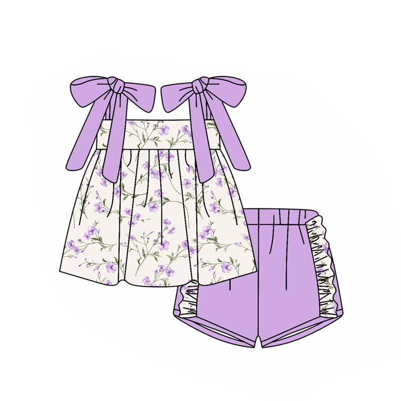preorder GSSO2777 purple flowers floral purple shorts girls set