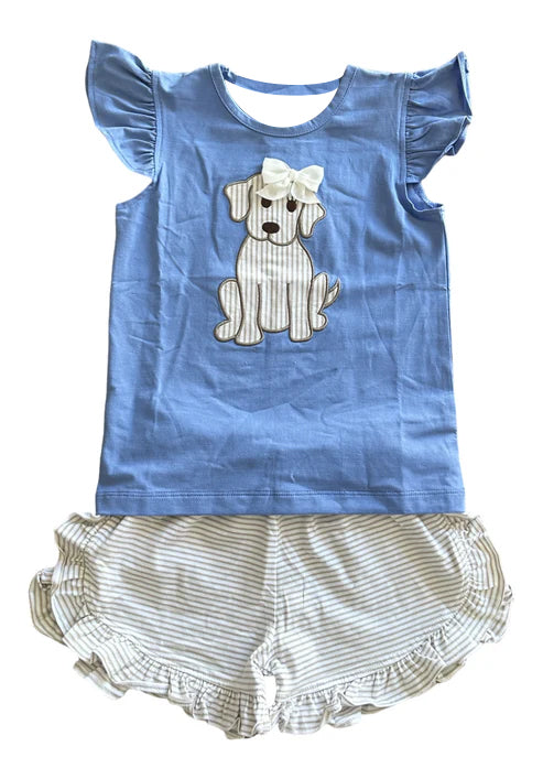 preorder GSSO2781 cuet dog bow blue flutter sleeve shorts girls set
