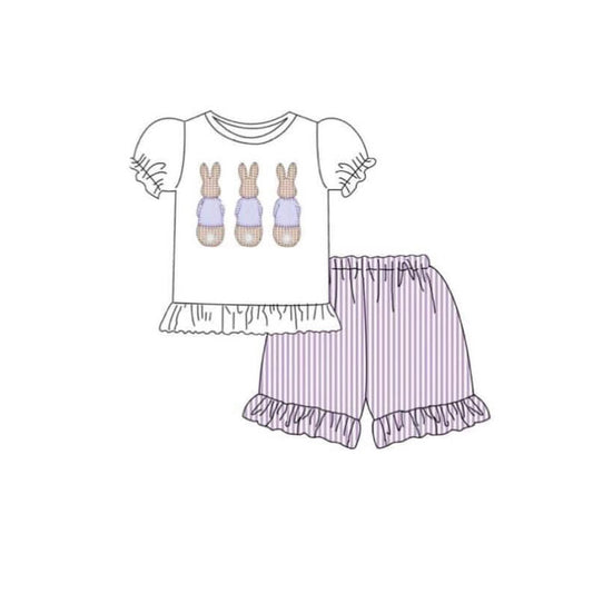 preorder GSSO2783 Easter bunny rabbit short sleeve purple striped shorts girls set