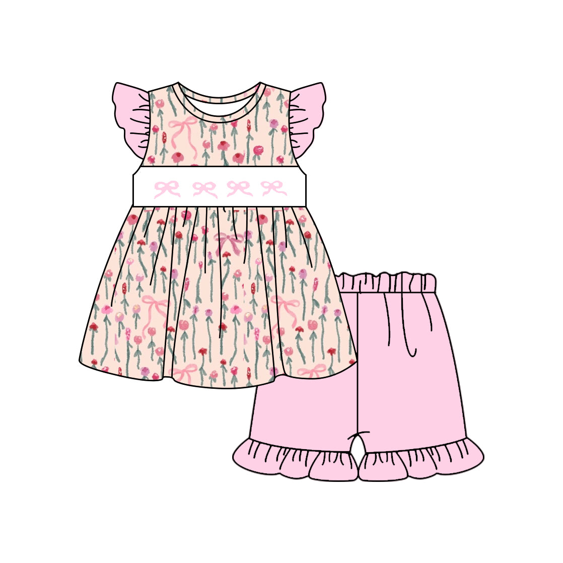 preorder GSSO2789 pink flowers bows flutter sleeve pink shorts girls set