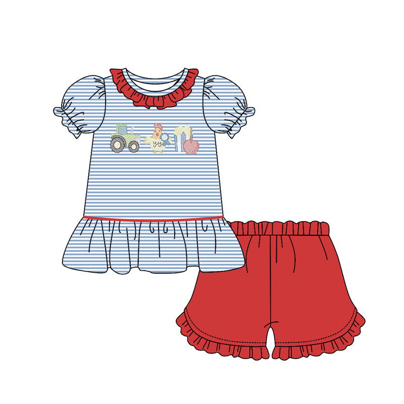 preorder GSSO2791 farm egg chick tractor short sleeve red shorts girls set