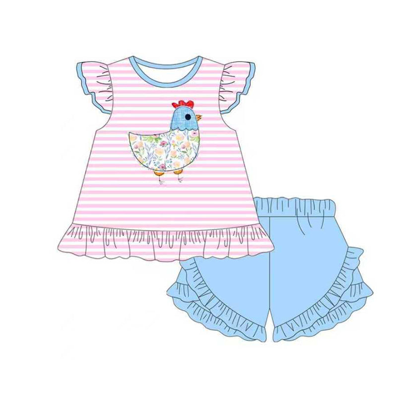 preorder GSSO2797 flowers chick pink striped flutter sleeve blue shorts girls set