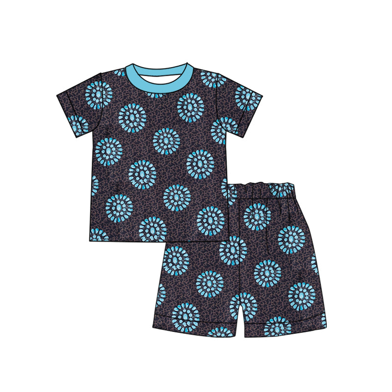 preorder GSSO2799 Western cowgirl turquoise leopard short sleeve shorts girls set