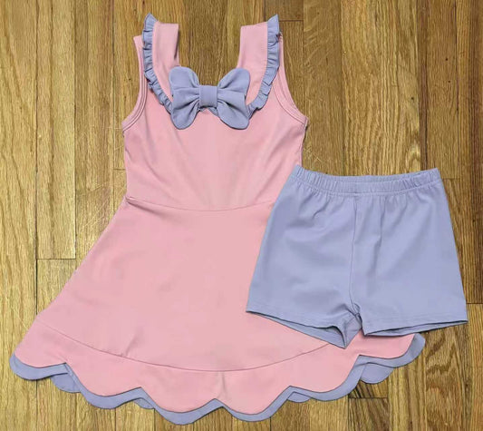 preorder GSSO2802 yoga pink bow sleeveless purple shorts girls set