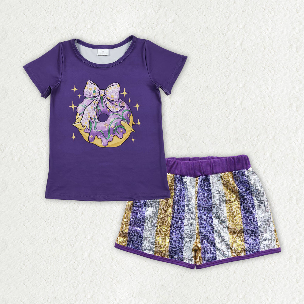 GSSO2804 Mardi Gras Purple Bow Dount Short Sleeve Sequin Shorts Girls Set