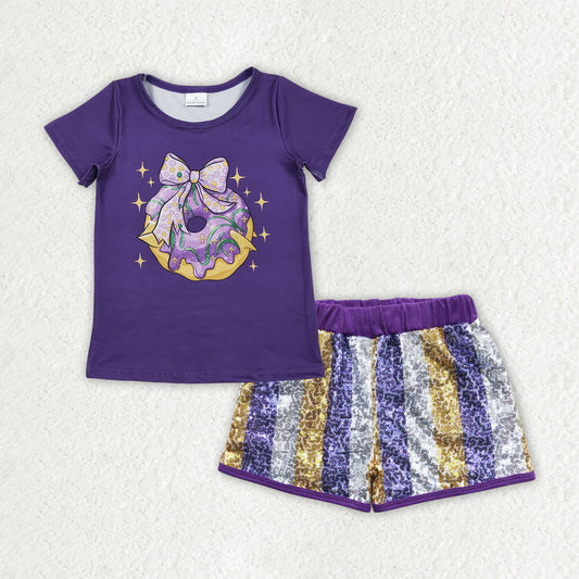 GSSO2804 Mardi Gras Purple Bow Dount Short Sleeve Sequin Shorts Girls Set