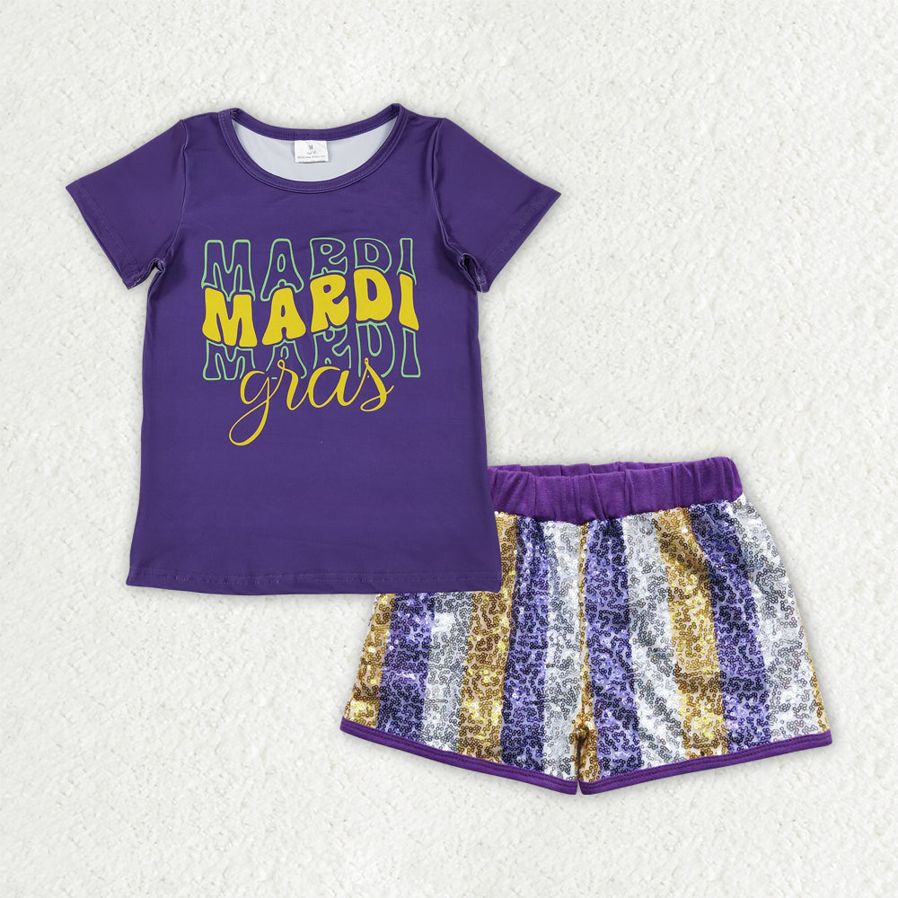 GSSO2805 Mardi Gras Purple Short Sleeve Sequin Shorts Girls Set