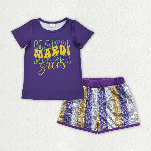 GSSO2805 Mardi Gras Purple Short Sleeve Sequin Shorts Girls Set