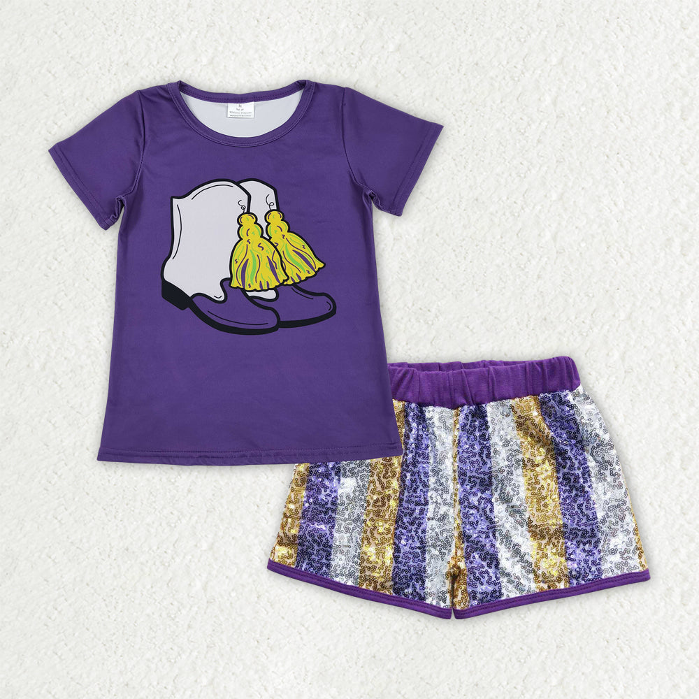 GSSO2806 Mardi Gras Boot Purple Short Sleeve Sequin Shorts Girls Set