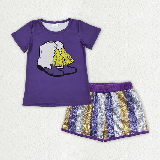 GSSO2806 Mardi Gras Boot Purple Short Sleeve Sequin Shorts Girls Set