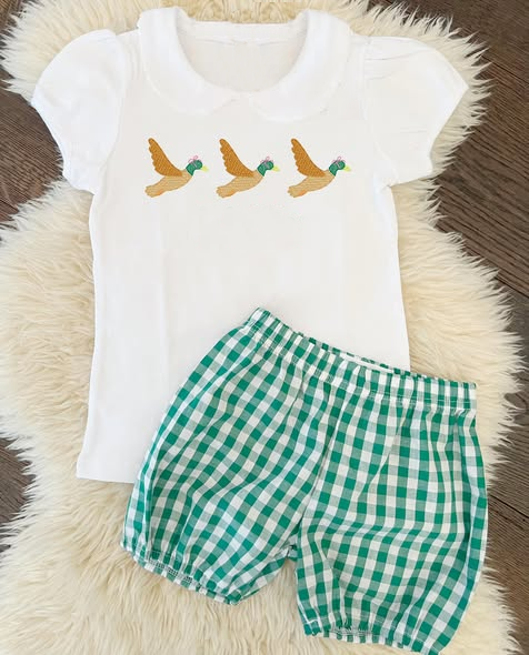 preorder GSSO2826 Hunting Mallard Duck Short Sleeve Checkered Shorts Girls Set