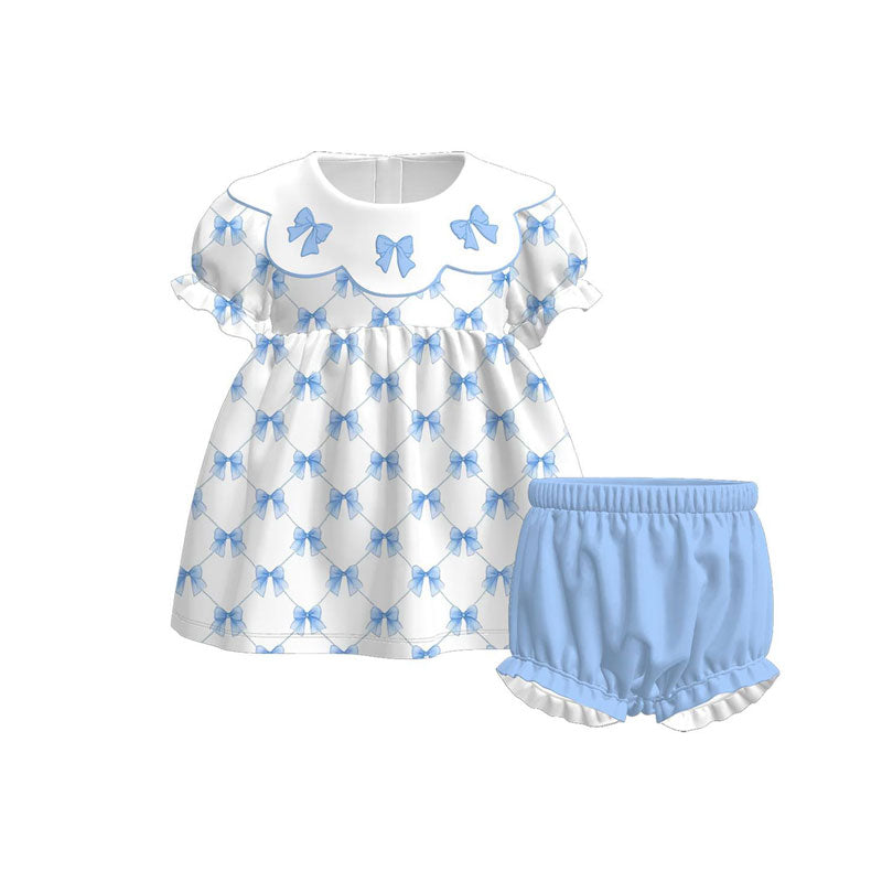 preorder GSSO2834 Blue Bows Short Sleeve Blue Shorts Girls Set