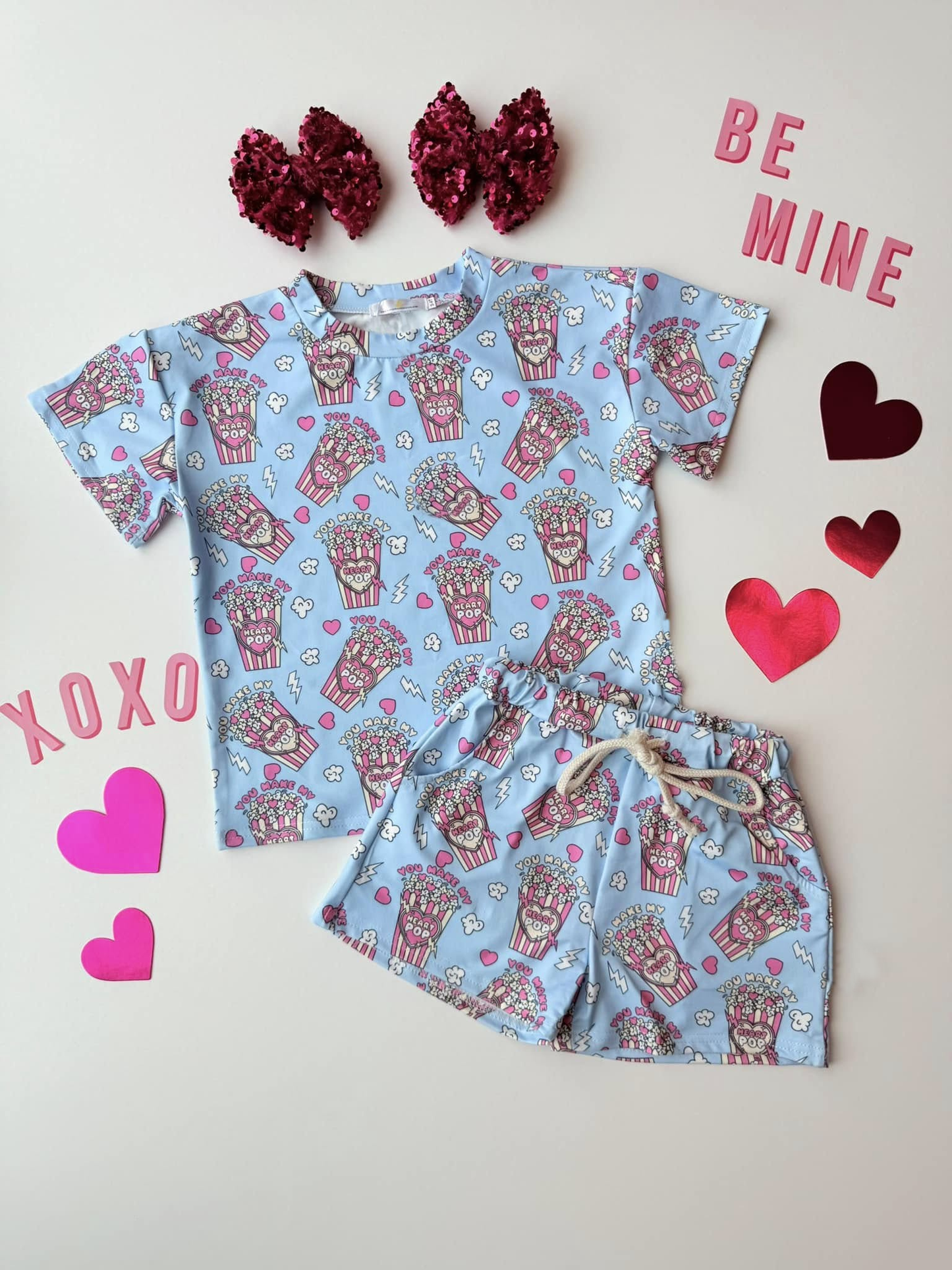 preorder GSSO2836 Valentine's Day Heart Chips Blue Short Sleeve Shorts Girls Set