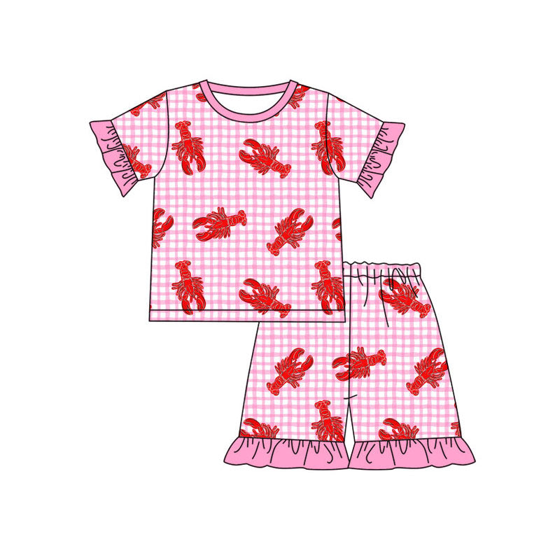 preorder GSSO2839 Red Crayfish Hot Pink Checkered Short Sleeve Shorts Girls Set