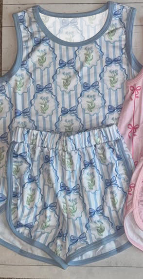 preorder GSSO2842 Blue Flowers Bows Sleeveless Shorts Girls Set