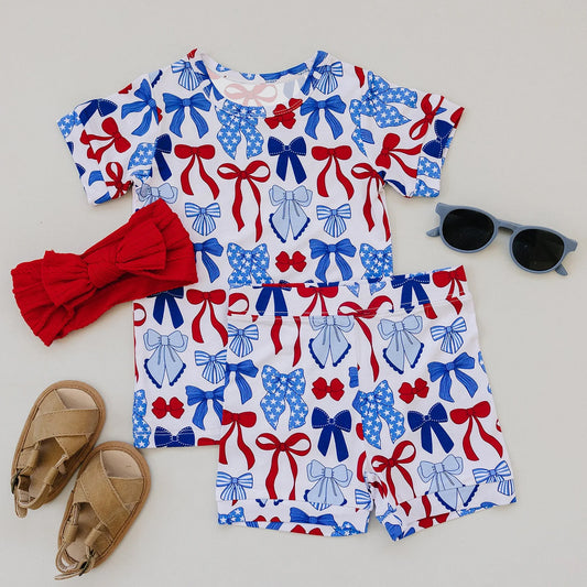 preorder GSSO2848 July 4th Red Blue Bows Short Sleeve Shorts Girls Set