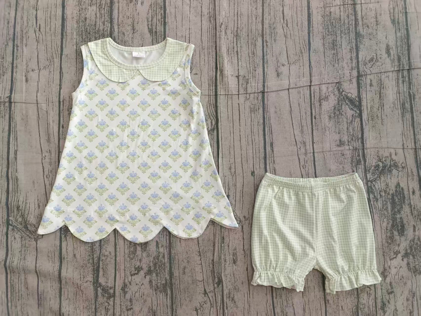 preorder Samples GSSO2850 Blue Flowers Sleeveless Green Checkered Shorts Girls Set