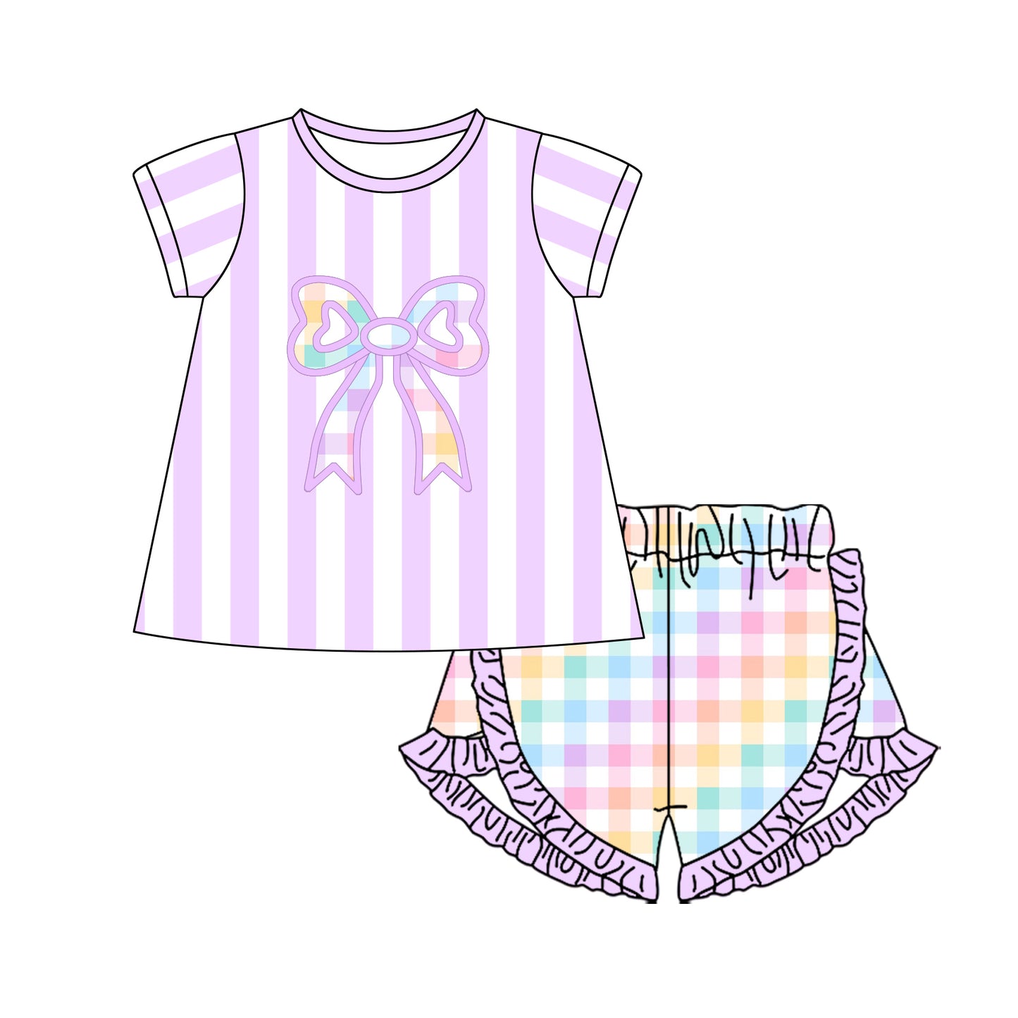 preorder GSSO2851 Bows Purple Striped Short Sleeve Checkered Shorts Girls Set