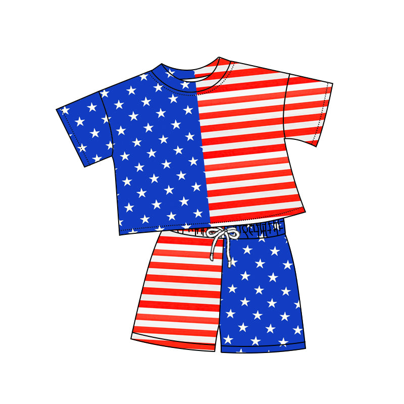 preorder GSSO2852 July 4th Striped Blue Star Short Sleeve Shorts Girls Set