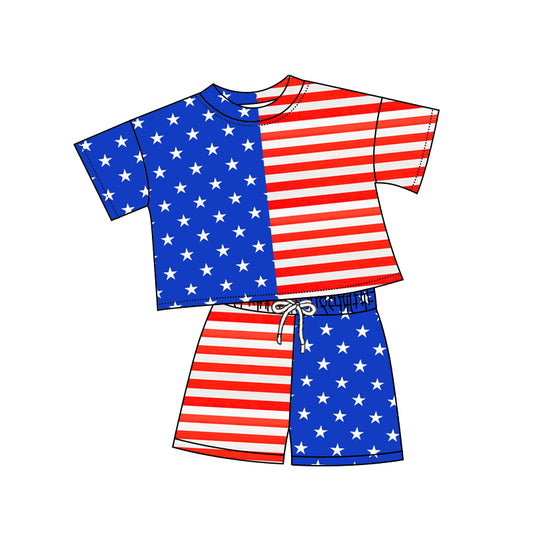 preorder GSSO2852 July 4th Striped Blue Star Short Sleeve Shorts Girls Set