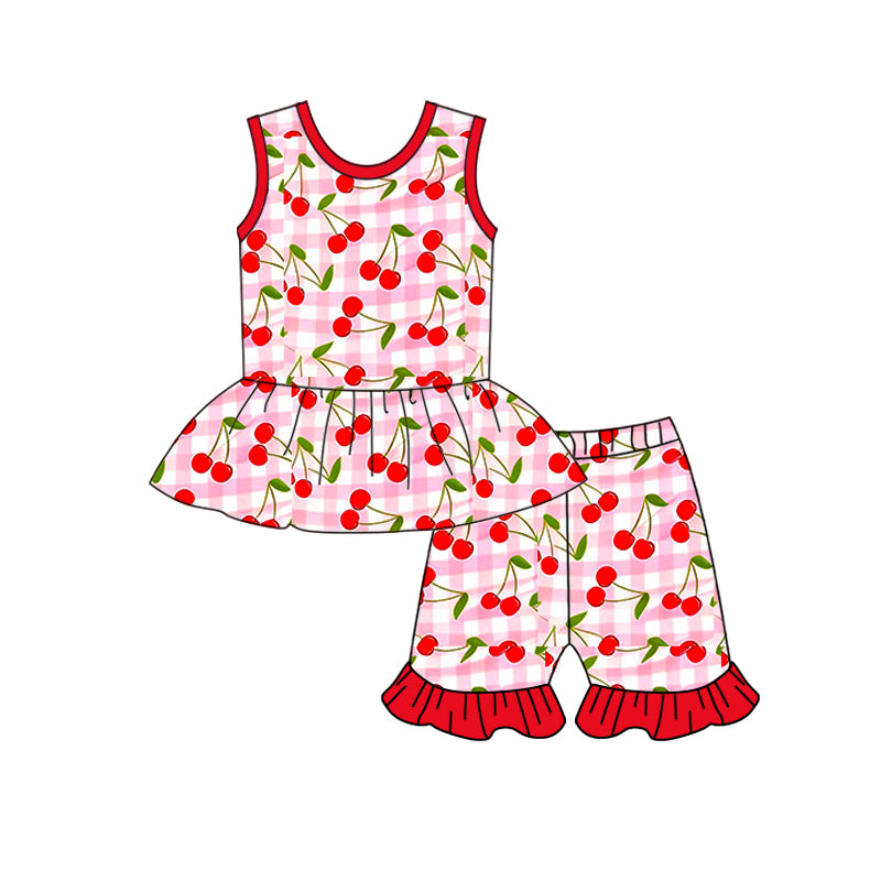 preorder GSSO2857 Berry Pink Checkered Sleeveeless Shorts Girls Set