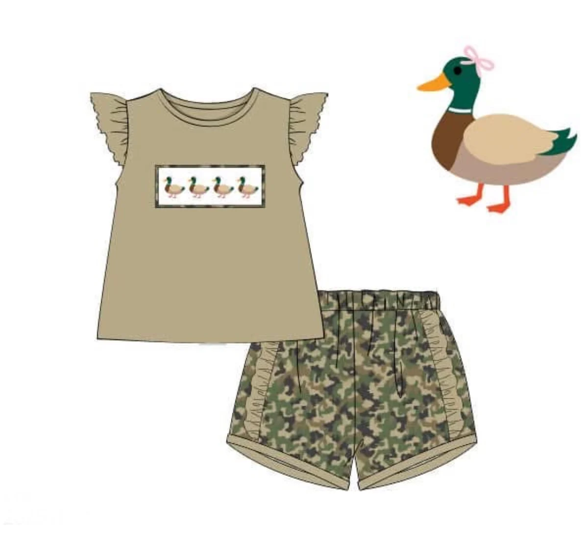 preorder GSSO2875 Hunting Mallard Duck Flutter Sleeve Camo Shorts Girls Set